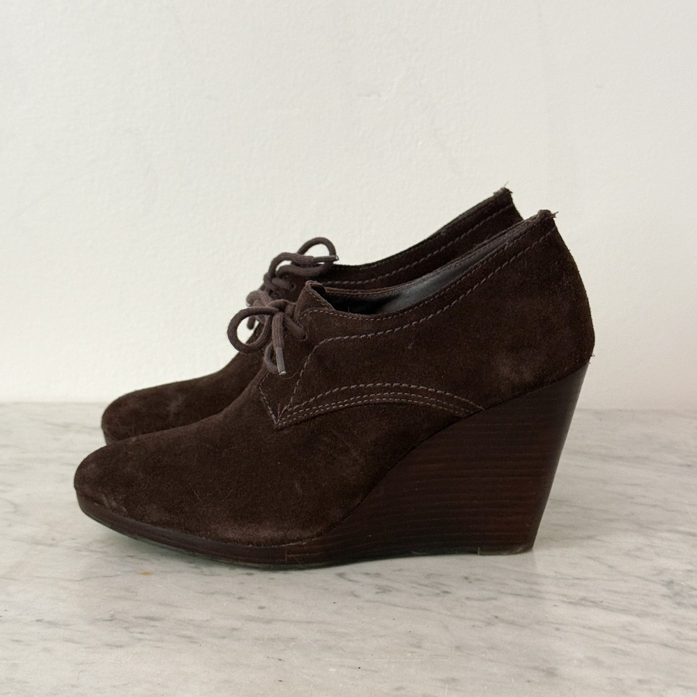 Jack Rogers Wedge Booties Suede‎ Lace Up Pointed Toe 6.5M Brown Wood Heel Shoes